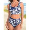 CUPSHE Women’s Bikini Sets Two Piece Swimsuit Scoop Neck Tank Wide Straps Midkini Stitching(White/Navy Floral)