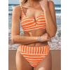 CUPSHE Women’s Bikini Sets Two Piece Swimsuit Scoop Neck V Wire High Waisted Color Block Adjustable Straps Textured(Orange/White Striped)