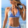 CUPSHE Women’s Bikini Top V Neck Halter Stitching Back Hook Bathing Suit(Blue/White Floral)