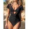 CUPSHE Women’s One Piece Swimsuit Bathing Suit Halter Triangle Tops V Neck Ruched Short Sleeve Mesh Ruffled(Black)