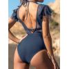 CUPSHE Women’s One Piece Swimsuit Bathing Suit Halter Triangle Tops V Neck Ruched Short Sleeve Mesh Ruffled(Navy Blue)