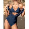 CUPSHE Women’s One Piece Swimsuit Bathing Suit Halter Triangle Tops V Neck Ruched Short Sleeve Mesh Ruffled(Navy Blue)