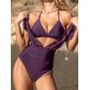 CUPSHE Women’s One Piece Swimsuit Bathing Suit Halter Triangle Tops V Neck Ruched Short Sleeve Mesh Ruffled(Purple Wine)