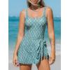 CUPSHE Women’s One Piece Swimsuit Bathing Suit Scoop Neck Swimdress Wide Straps Tie Knot Swim Skirt(Teal Green/White Geo Print)