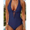 CUPSHE Women’s One Piece Swimsuit Bathing Suits Halter Deep V Neck Self Tie Cutout Scalloped Swimwear(Navy Blue)