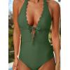CUPSHE Women’s One Piece Swimsuit Bathing Suits Halter Deep V Neck Self Tie Cutout Scalloped Swimwear(Olive Green)