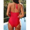 CUPSHE Women’s One Piece Swimsuit Bathing Suits Halter Deep V Neck Self Tie Cutout Scalloped Swimwear(Ruby Red)