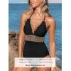 CUPSHE Women’s One Piece Swimsuit Halter Back Tie Scalloped V Neck Textured Contrast Stitching(Black)