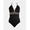 CUPSHE Women’s One Piece Swimsuit Halter Back Tie Scalloped V Neck Textured Contrast Stitching(Black)