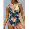 CUPSHE Women’s One Piece Swimsuit V Neck Tummy Control Double Adjustable Straps Back Cutout O-Ring(Teal Blue/Floral)