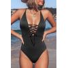 CUPSHE Women’s Solid Color V Neck Lace Up One Piece Swimsuit(Black)