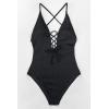 CUPSHE Women’s Solid Color V Neck Lace Up One Piece Swimsuit(Black)