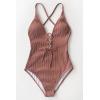 CUPSHE Women’s Solid Color V Neck Lace Up One Piece Swimsuit(Caramel)