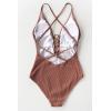 CUPSHE Women’s Solid Color V Neck Lace Up One Piece Swimsuit(Caramel)