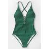 CUPSHE Women’s Solid Color V Neck Lace Up One Piece Swimsuit(Green)