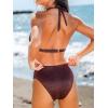 CUPSHE Women’s Two Piece Bikini Sets V Neck Bathing Suits Textured Halter Side Shirred Back Hook Adjustable Straps(Brown)