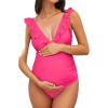 CUPSHE Women Swimsuit Maternity One Piece Bathing Suit Deep V Neck Ruffle Back Tie Ruching Adjustable Straps Swimwear(Bright Pink)