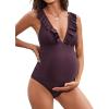 CUPSHE Women Swimsuit Maternity One Piece Bathing Suit Deep V Neck Ruffle Back Tie Ruching Adjustable Straps Swimwear(Brown)