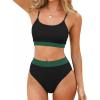CUPSHE Women’s Bikini Set Two Piece Swimsuits High Waisted Scoop Neck Spaghetti Adjustable Straps Textured(Black/Dark Green)