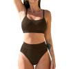 CUPSHE Women’s Bikini Set Two Piece Swimsuits High Waisted Scoop Neck Spaghetti Adjustable Straps Textured(Brown)