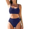 CUPSHE Women’s Bikini Set Two Piece Swimsuits High Waisted Scoop Neck Spaghetti Adjustable Straps Textured(Navy Blue)