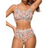 CUPSHE Women’s Bikini Set Two Piece Swimsuits High Waisted Scoop Neck Spaghetti Adjustable Straps Textured(Pale Tan/Floral)