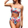 CUPSHE Women’s Bikini Set Two Piece Swimsuits High Waisted Scoop Neck Spaghetti Adjustable Straps Textured(Red/Blue Floral)