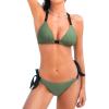 CUPSHE Women’s Bikini Set Two Piece Swimsuits V Neck Halter Strap Back Hook Bathing Suit Mid Rise Side Tie Swimwear(Dark Green/Black)