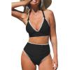CUPSHE Women’s Bikini Sets High Waisted Swimsuit Deep V Neck Crisscross Back Tie Stitching Ruched Full Coverage(Black)