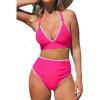 CUPSHE Women’s Bikini Sets High Waisted Swimsuit Deep V Neck Crisscross Back Tie Stitching Ruched Full Coverage(Magenta Pink)