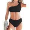 CUPSHE Women’s Bikini Sets Two Piece Bathing Suit One Shoulder Scalloped Wide Strap Back Hook(Black)