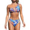 CUPSHE Women’s Bikini Sets Two Piece Bathing Suit One Shoulder Scalloped Wide Strap Back Hook(Blue/Tropical)
