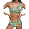 CUPSHE Women’s Bikini Sets Two Piece Bathing Suit One Shoulder Scalloped Wide Strap Back Hook(Green/Blue Floral)