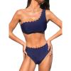 CUPSHE Women’s Bikini Sets Two Piece Bathing Suit One Shoulder Scalloped Wide Strap Back Hook(Navy Blue)