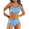 CUPSHE Women’s Bikini Sets Two Piece Bathing Suit One Shoulder Scalloped Wide Strap Back Hook(White/Blue Baroque Floral)
