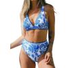 CUPSHE Women’s Bikini Sets Two Piece Swimsuit High Waisted V Neck Bathing Suit Crisscross Back Self Tie Swimwear(Azure Blue/White)