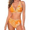 CUPSHE Women’s Bikini Sets Two Piece Swimsuit High Waisted V Neck Bathing Suit Crisscross Back Self Tie Swimwear(Orange/White Tropical)