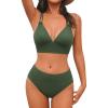 CUPSHE Women’s Bikini Sets Two Piece Swimsuit Plunging Neck Textured Bathing Suit Cross Back Self Tie Mid Rise Swimwear(Olive Green)