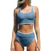CUPSHE Women’s Bikini Sets Two Piece Swimsuit Scoop Neck Tank Wide Straps Midkini Stitching(Blue)