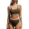 CUPSHE Women’s Bikini Sets Two Piece Swimsuit Scoop Neck Tank Wide Straps Midkini Stitching(Brown/White)