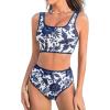 CUPSHE Women’s Bikini Sets Two Piece Swimsuit Scoop Neck Tank Wide Straps Midkini Stitching(White/Navy Floral)