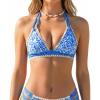 CUPSHE Women’s Bikini Top V Neck Halter Stitching Back Hook Bathing Suit(Blue/White Floral)