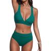 CUPSHE Women’s High Waisted Bikini Sets Two Piece Swimsuit Deep V Neck Back Hook Adjustable Straps Bathing Suit(Jade Green)