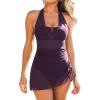 CUPSHE Women’s One Piece Swim Dress Swimsuit U Wire Halter Tummy Control Drawstring Mesh Bathing Suit(Berry Purple)