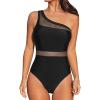 CUPSHE Women’s One Piece Swimsuit Asymmetric Neck One Shoulder Bathing Suit Mesh Swimwear(Black)