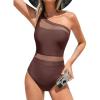 CUPSHE Women’s One Piece Swimsuit Asymmetric Neck One Shoulder Bathing Suit Mesh Swimwear(Brown)