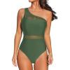 CUPSHE Women’s One Piece Swimsuit Asymmetric Neck One Shoulder Bathing Suit Mesh Swimwear(Forest Green)