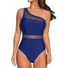 CUPSHE Women’s One Piece Swimsuit Asymmetric Neck One Shoulder Bathing Suit Mesh Swimwear(Navy Blue)