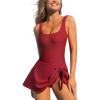 CUPSHE Women’s One Piece Swimsuit Bathing Suit Scoop Neck Swimdress Wide Straps Tie Knot Swim Skirt(Solid Red)
