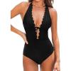 CUPSHE Women’s One Piece Swimsuit Bathing Suits Halter Deep V Neck Self Tie Cutout Scalloped Swimwear(Black)